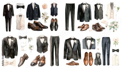 Elegant watercolor collection of men’s wedding outfits, including suits, trousers, shoes, and accessories. Perfect for fashion guides or formalwear content.

