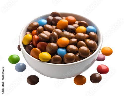Delicious chocolate-covered candies in bright hues tumble from a bowl, offering a delightful sugary snack.