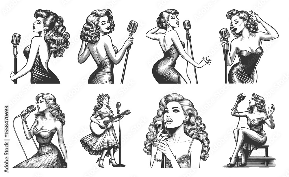 Fototapeta premium pin-up woman singer with retro microphones, music and glamor vibes Set collection bundle sketch engraving generative ai raster illustration. Scratch board imitation. Black and white image.