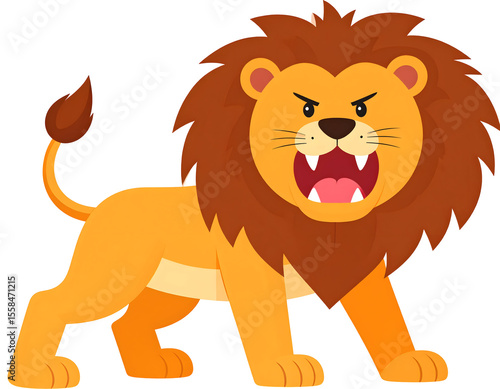 A powerful cartoon lion with a majestic mane stands fiercely, letting out a mighty roar.