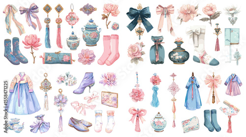 Elegant watercolor set of traditional Korean fashion and accessories, including hanbok, shoes, flowers, ribbons, and jars in soft vintage tones.

