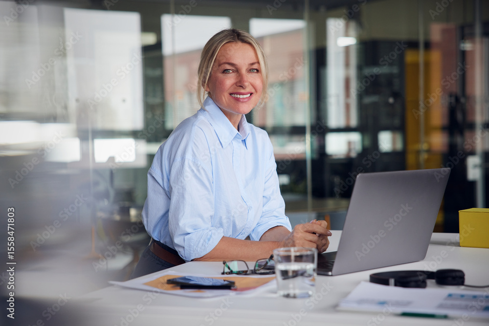 Happy businesswoman with laptop sitting at desk in office Happy businesswoman with laptop sitting at desk in office