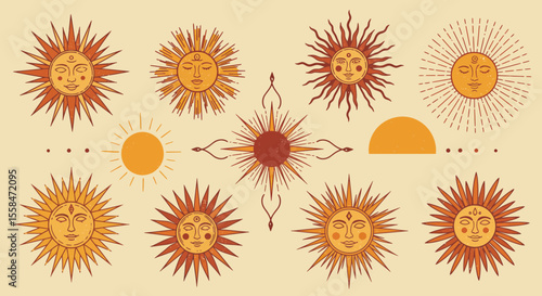 Mystical sun face symbols with ornamental starbursts in decorative arrangement