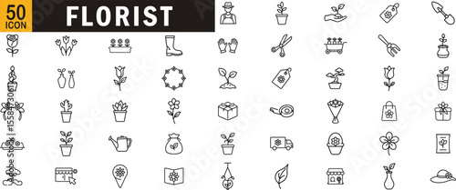 Florist editable outline icon set. Flowers, gardening tools, bouquets, plants, shop, and delivery line icons.
