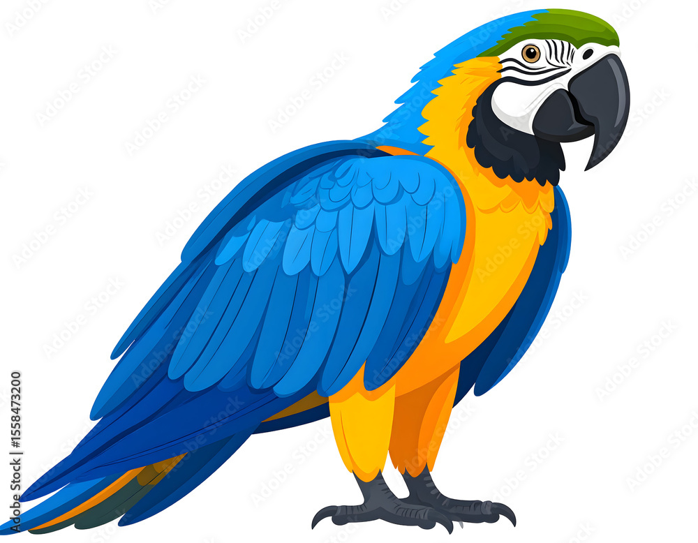 Fototapeta premium A vibrant blue and yellow macaw parrot stands gracefully, showcasing its beautiful plumage.