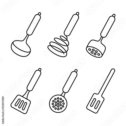 Kitchenware icon set. Black line vector kitchen utensils, tools and cutlery. Whisk,  ladle, mash crusher, spatula and skimmer