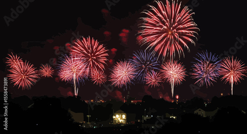 Spectacular fireworks display illuminating the night sky over a neighborhood