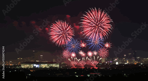 Spectacular fireworks display over a city skyline illuminating the night sky