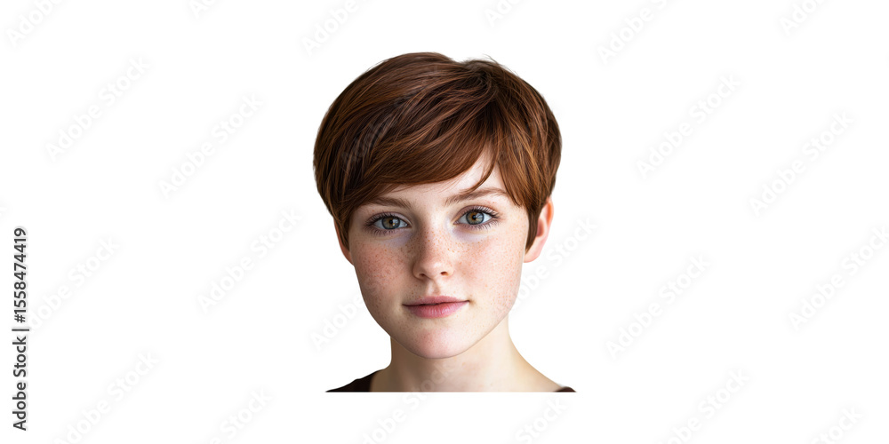 Young Woman With Short Red Hair And Freckles. Natural Beauty And Minimalist Style Isolated On Transparent Background Young Woman With Short Red Hair And Freckles. Natural Beauty And Minimalist Style Isolated On Transparent Background