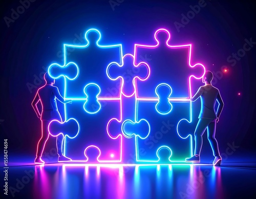 Two figures assemble a neon puzzle