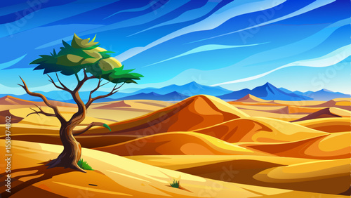 Breathtaking desert landscape featuring rippled golden sand dunes and a solitary tree standing under a vivid blue sky. A powerful visual symbol of resilience and climate change in an arid