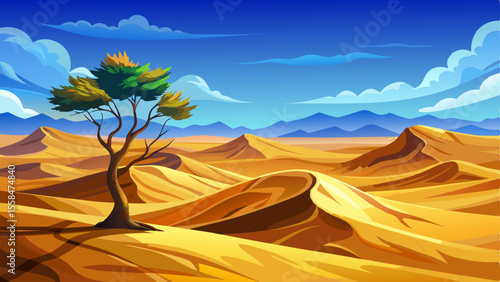 Breathtaking desert landscape featuring rippled golden sand dunes and a solitary tree standing under a vivid blue sky. A powerful visual symbol of resilience and climate change in an arid