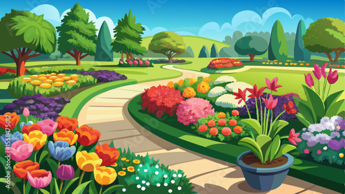 Beautifully maintained flower bed surrounded by lush green grass in a landscaped garden. Vibrant colorful flowers bloom in harmony, creating a picturesque and serene lawn design ideal for outdoor