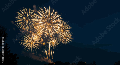 Spectacular golden fireworks illuminate the night sky during a festive celebration