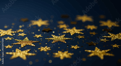 Festive golden glitter stars adorning a dark blue background, ideal for celebrations