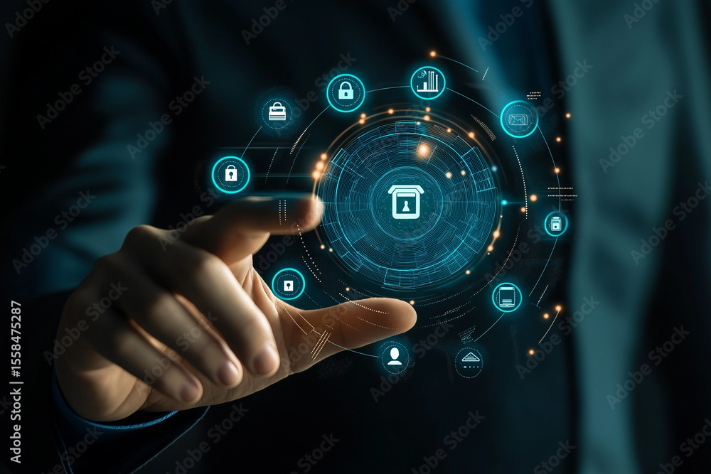 Fototapeta premium Businessman touching icon and utilizing advanced access management systems to enhance security protocols, streamline user permissions, ensure data privacy, maintain compliance with industry standards