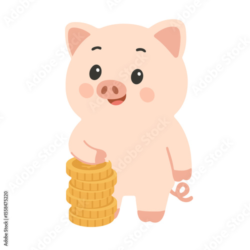 Cartoon Piggy Bank with Stack of Coins