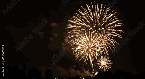Spectacular golden fireworks burst against a dramatic night sky background