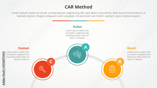CAR interview model infographic concept for slide presentation with circle outline linked circular on half circle with 3 point list with flat style
