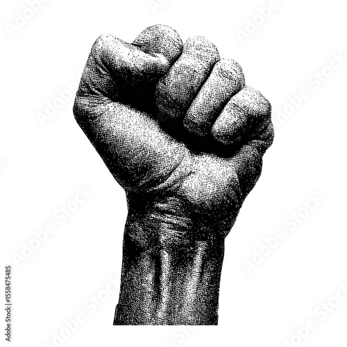Raised Fist In Vintage Engraving. Symbol Of Strength And Solidarity Illustration Isolated On Transparent Background