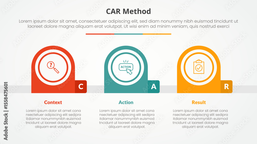 CAR interview model infographic concept for slide presentation with creative round circle horizontal with 3 point list with flat style CAR interview model infographic concept for slide presentation with creative round circle horizontal with 3 point list with flat style