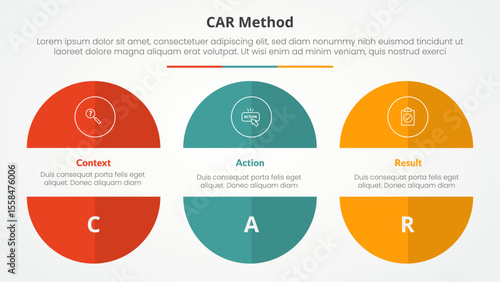 CAR interview model infographic concept for slide presentation with big circle cut truncated half slice with 3 point list with flat style vector