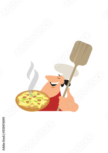 Pizza chef carrying a pizza and a pizza spatula  and gives thumbs up