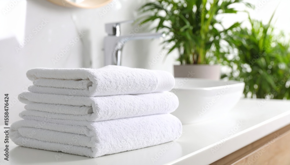 Clean towels neatly arranged by the sink in a luxury contemporary bathroom interior Clean towels neatly arranged by the sink in a luxury contemporary bathroom interior
