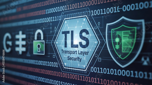 Realistic close-up of human hand pointing at futuristic TLS/SSL digital security interface with glowing hexagonal icons and neon blue high-tech background
