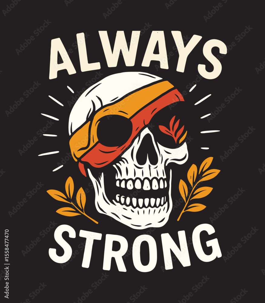 Fototapeta premium Motivational Skull T-Shirt Design – Always Strong Quote with Headband and Laurel Vector Illustration