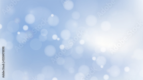 Pastel blue background with bokeh lights. Snow or sky, empty horizontal banner of gradient color with light spot and blurred circles. Vector HD template for winter backdrop design or sky illustration.