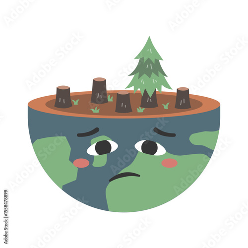 Deforestation vector concept. Cartoon Earth with sad face, tree stumps, and wood showing nature destruction. Symbolizes forest loss, climate change, and environmental damage. Cartoon illustration.