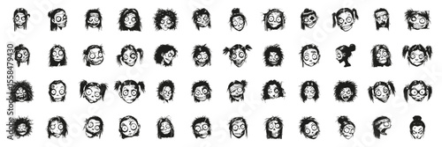 Creepy Character Faces In Silhouette Set. Horror And Halloween Theme Collection. Artistic And Entertainment Use. Isolated Vector Illustration