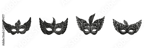 Decorative Masquerade Masks In Silhouette Set. Carnival And Costume Party Accessory Collection. Fashion And Event Design Use. Isolated Vector Illustration