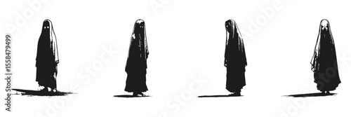 Ghostly Figures In Silhouette Set. Halloween And Spooky Theme Collection. Decorative And Theatrical Use. Isolated Vector Illustration