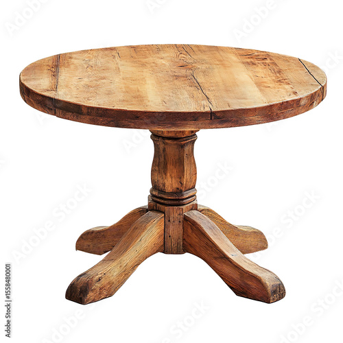 Round Wooden Table With Rustic Texture And Pedestal Base Isolated On Transparent Background