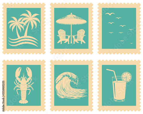 Vintage Beach Vacation Postage Stamp Illustrations Set