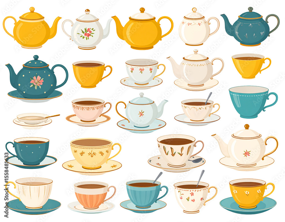 tea party set table in oriental style, realistic illustration tea party set table in oriental style, realistic illustration