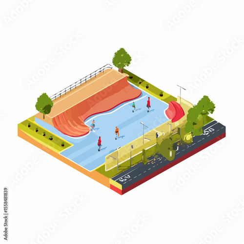 vector illustration of skatepark with ramps, half-pipes, urban extreme sport setting