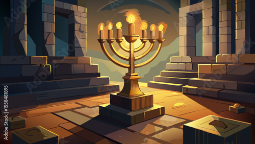 A bronze Menorah stands tall with glowing candles, casting soft shadows on old temple stone. In stark contrast, the black Kaaba cube rests silent in an empty courtyard at dusk, its golden script subtl