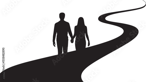 Black Silhouette Couple Walking Handin Hand Down Curving Path Vector Illustration silhouettes white