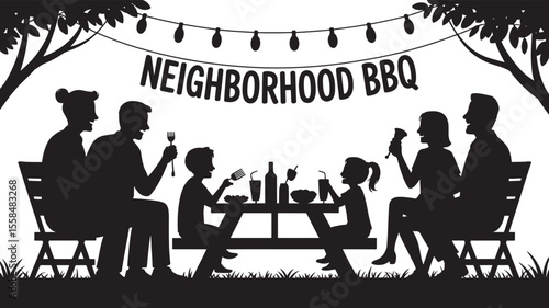 Black Silhouette Family Enjoying Outdoor Neighborhood B Q Picnic Under Trees String Lights vector
