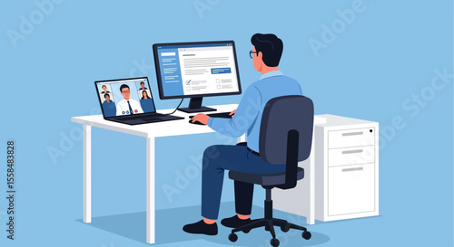 Remote Worker Illustration A professional using online meeting on multiple devices at a clean white desk, showcasing modern telecommuting.