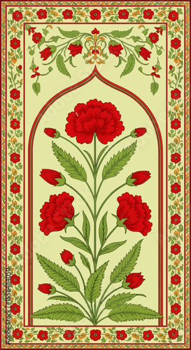 Elegant Mughal-Inspired Floral Design Red Carnations in Archway Frame