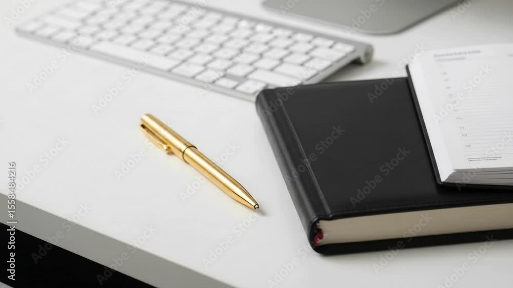 Desk setup with golden pen, keyboard and black notebook for work day Desk setup with golden pen, keyboard and black notebook for work day