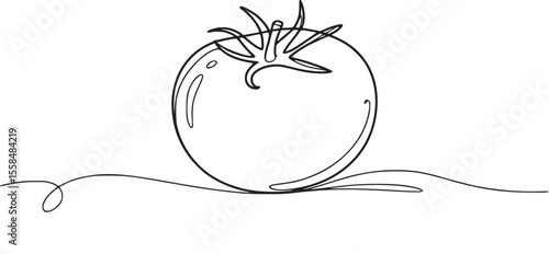 Single line drawing of a ripe tomato with green stem fruit vegetable
