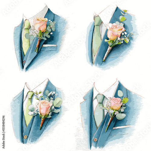 Watercolor illustrations of groom suit lapels with floral boutonnieres. Ideal for wedding designs, fashion templates, and groom accessories visuals.

