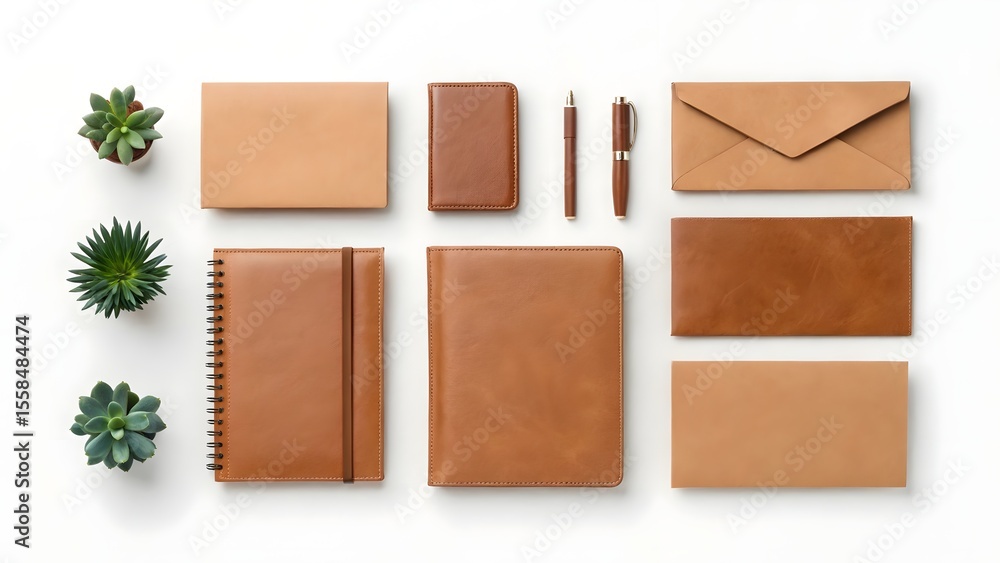 Fototapeta premium Flat lay of elegant brown leather stationery and succulents on a white background