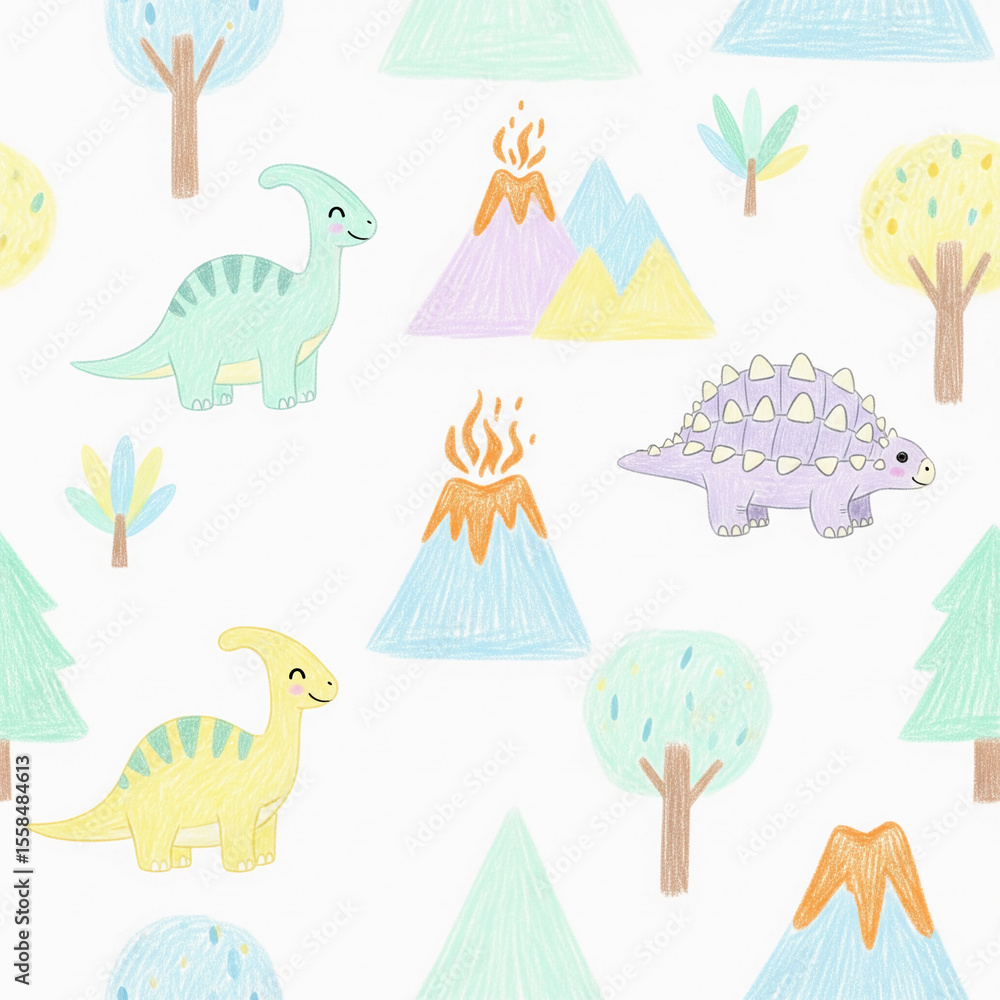 Obraz premium Whimsical Pastel Dinosaur Landscape with Volcanoes and Trees in a Childlike Crayon Style Seamless Pattern