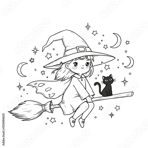 A cheerful young witch rides a broomstick with her black cat companion, under a sky filled with stars and crescent moons.